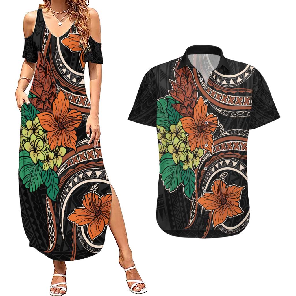 Vintage Hibiscus Pacific Floral Couples Matching Summer Maxi Dress and Hawaiian Shirt LT9 Black - Polynesian Pride