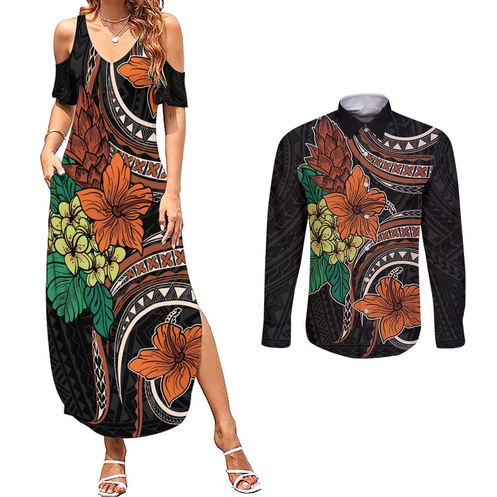 Vintage Hibiscus Pacific Floral Couples Matching Summer Maxi Dress and Long Sleeve Button Shirt LT9 Black - Polynesian Pride