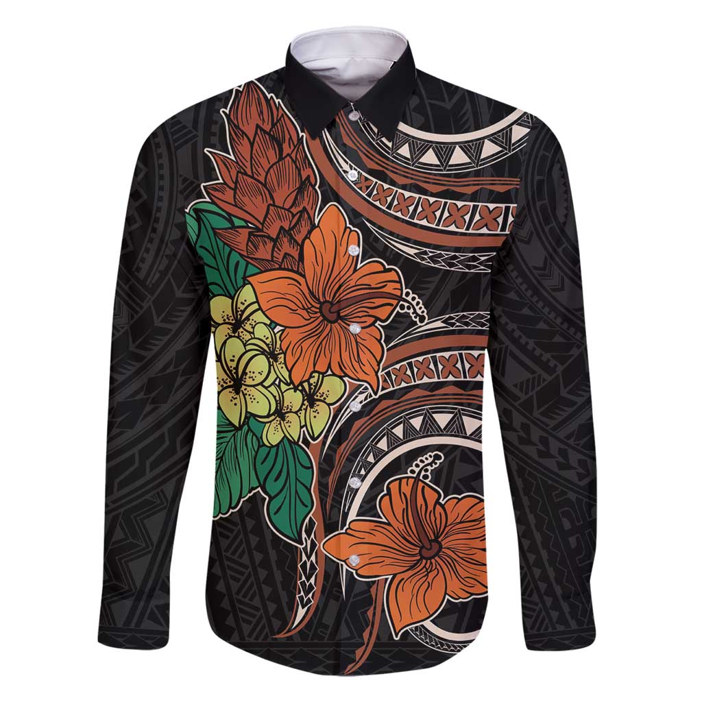 Vintage Hibiscus Pacific Floral Family Matching Mermaid Dress and Hawaiian Shirt LT9 Dad's Shirt - Long Sleeve Black - Polynesian Pride