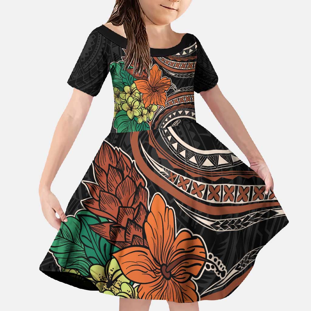 Vintage Hibiscus Pacific Floral Family Matching Summer Maxi Dress and Hawaiian Shirt LT9 Daughter's Dress Black - Polynesian Pride