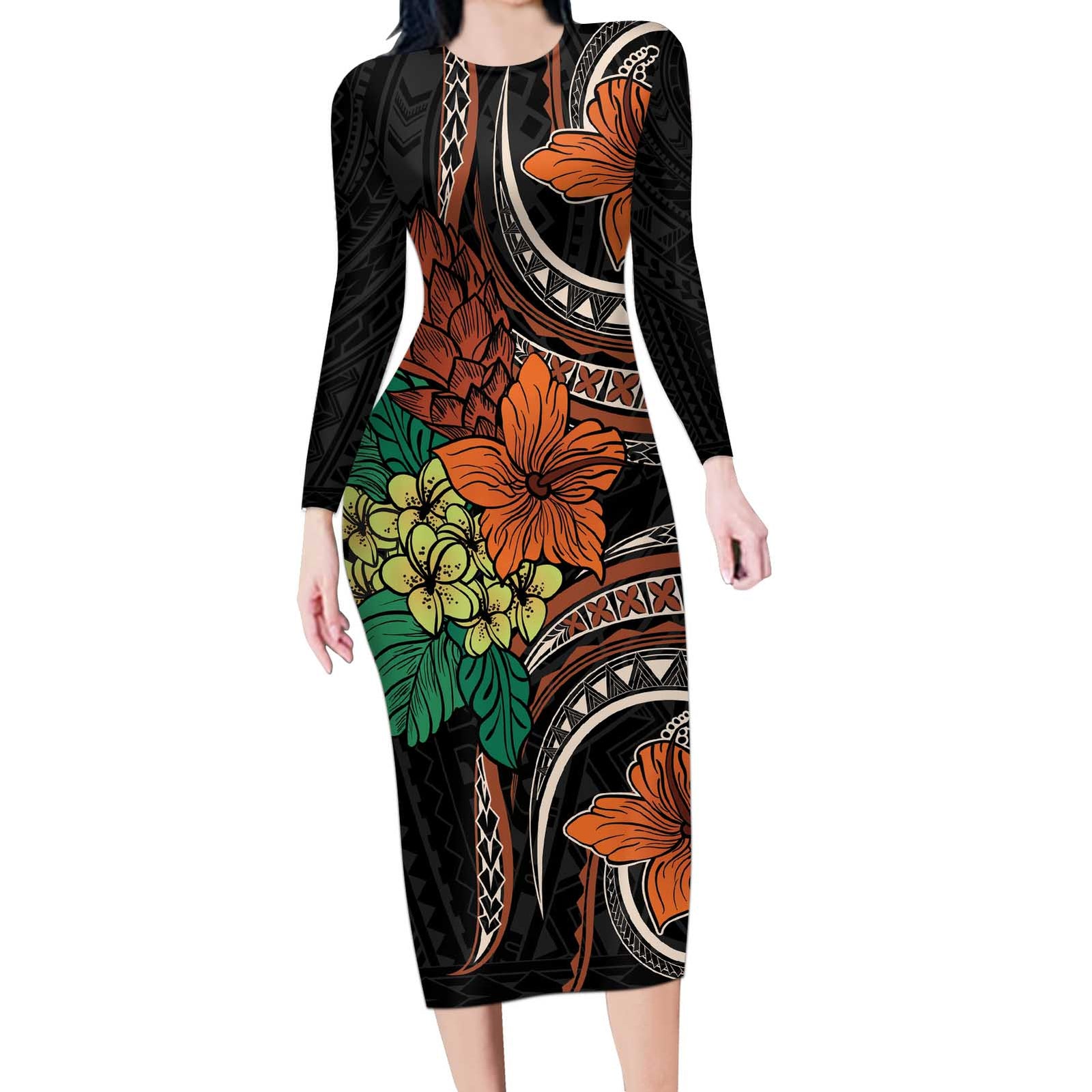 Vintage Hibiscus Pacific Floral Long Sleeve Bodycon Dress LT9 Long Dress Black - Polynesian Pride