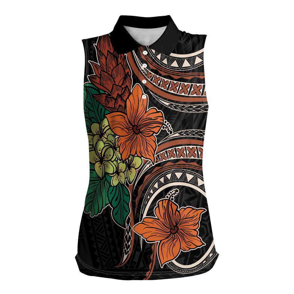 Vintage Hibiscus Pacific Floral Women Sleeveless Polo Shirt LT9 Female Black - Polynesian Pride