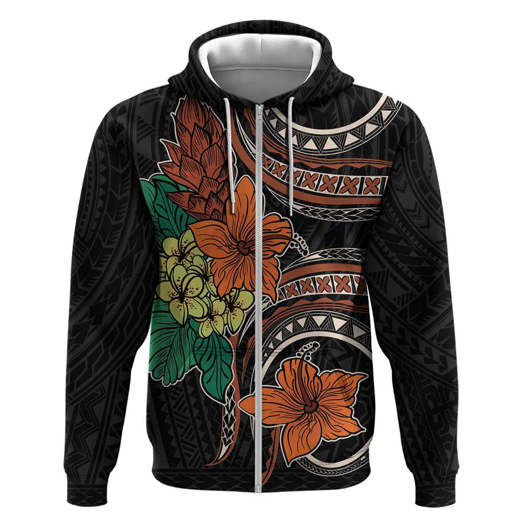 Vintage Hibiscus Pacific Floral Zip Hoodie LT9 Zip Hoodie Black - Polynesian Pride