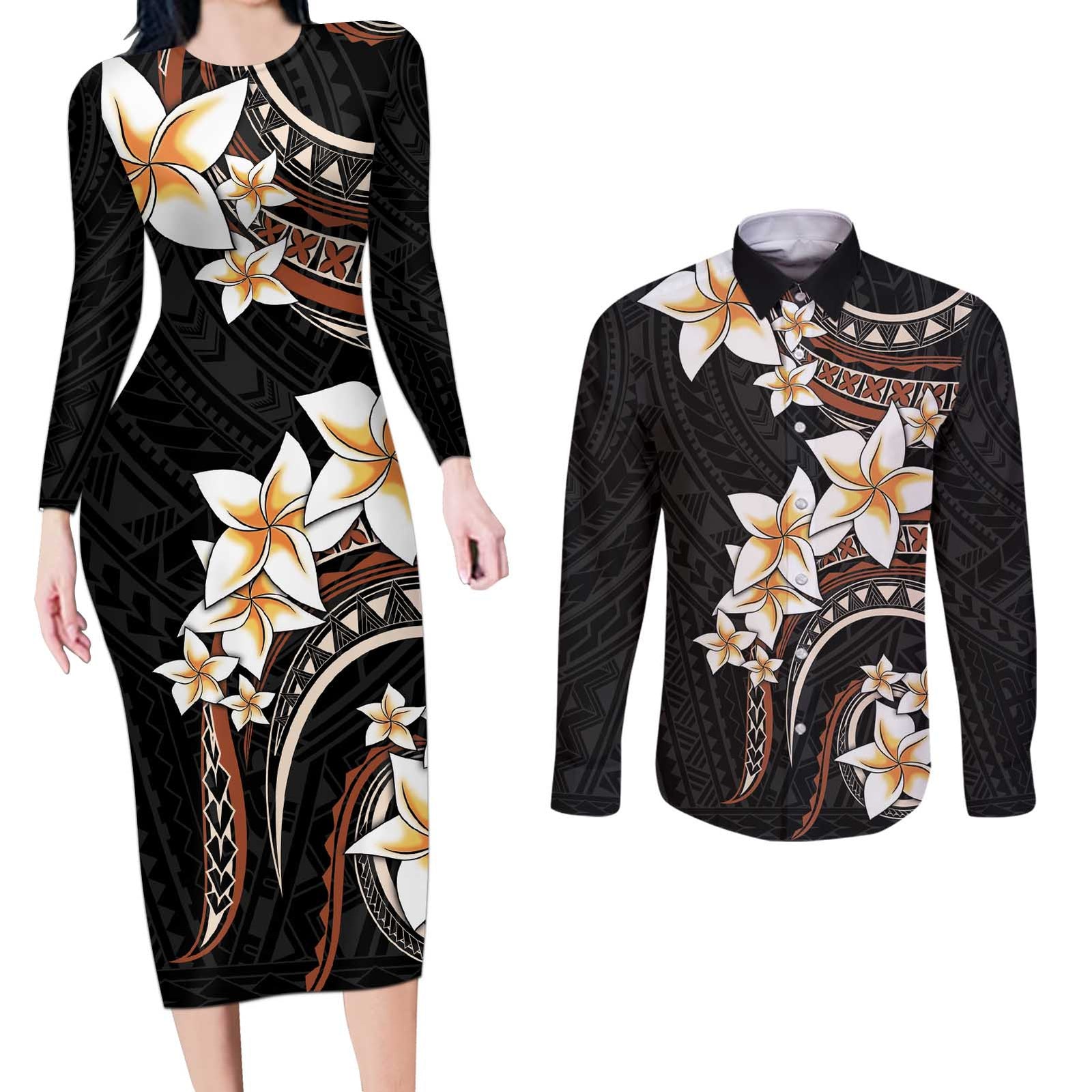 Vintage Plumeria Pacific Floral Couples Matching Long Sleeve Bodycon Dress and Long Sleeve Button Shirt LT9 Black - Polynesian Pride