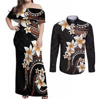 Vintage Plumeria Pacific Floral Couples Matching Off Shoulder Maxi Dress and Long Sleeve Button Shirt