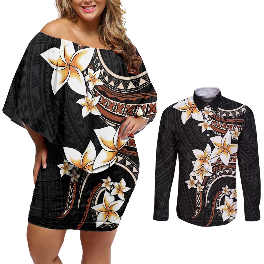 Vintage Plumeria Pacific Floral Couples Matching Off Shoulder Short Dress and Long Sleeve Button Shirt