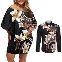 Vintage Plumeria Pacific Floral Couples Matching Off Shoulder Short Dress and Long Sleeve Button Shirt