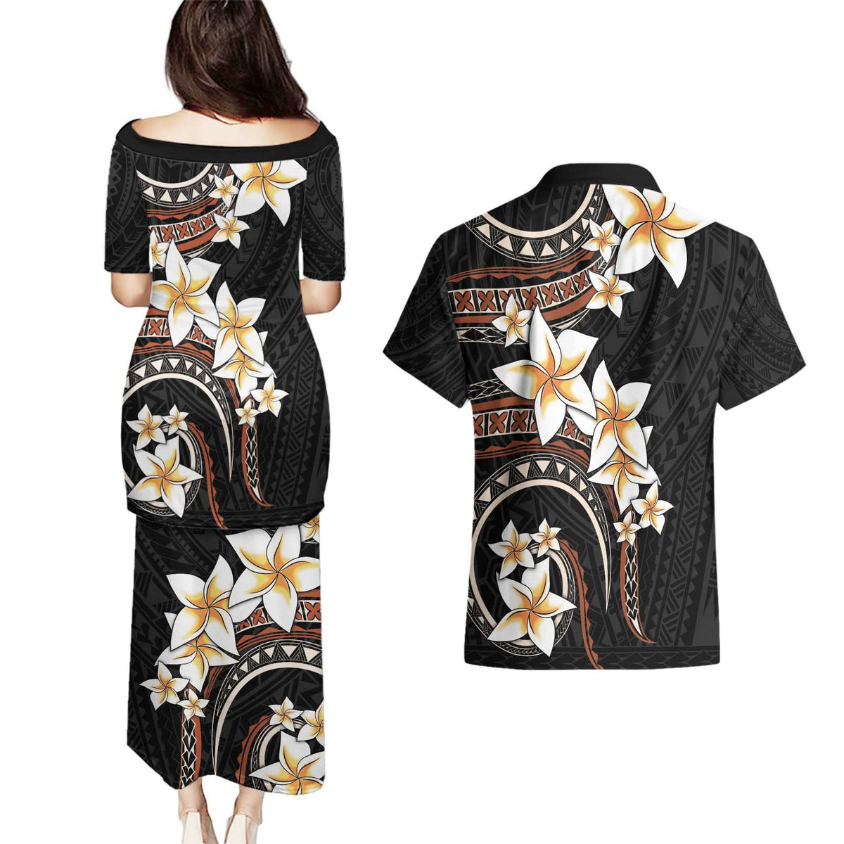 Vintage Plumeria Pacific Floral Couples Matching Puletasi and Hawaiian Shirt
