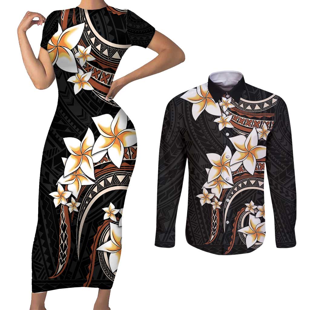 Vintage Plumeria Pacific Floral Couples Matching Short Sleeve Bodycon Dress and Long Sleeve Button Shirt LT9 Black - Polynesian Pride