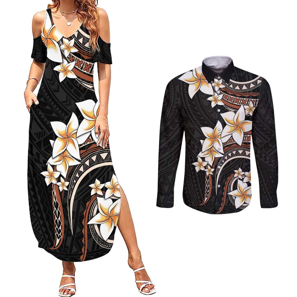 Vintage Plumeria Pacific Floral Couples Matching Summer Maxi Dress and Long Sleeve Button Shirt LT9 Black - Polynesian Pride
