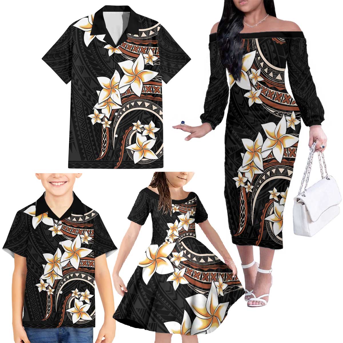 Vintage Plumeria Pacific Floral Family Matching Off The Shoulder Long Sleeve Dress and Hawaiian Shirt LT9 - Polynesian Pride