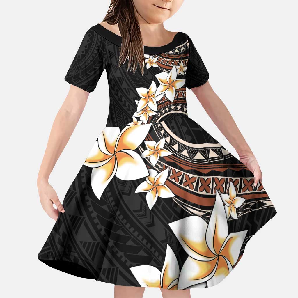 Vintage Plumeria Pacific Floral Family Matching Summer Maxi Dress and Hawaiian Shirt LT9 Daughter's Dress Black - Polynesian Pride