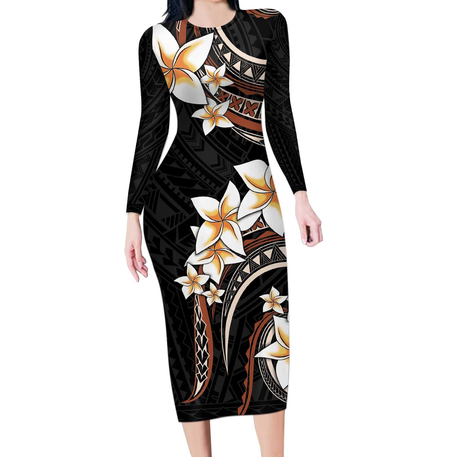 Vintage Plumeria Pacific Floral Long Sleeve Bodycon Dress LT9 Long Dress Black - Polynesian Pride
