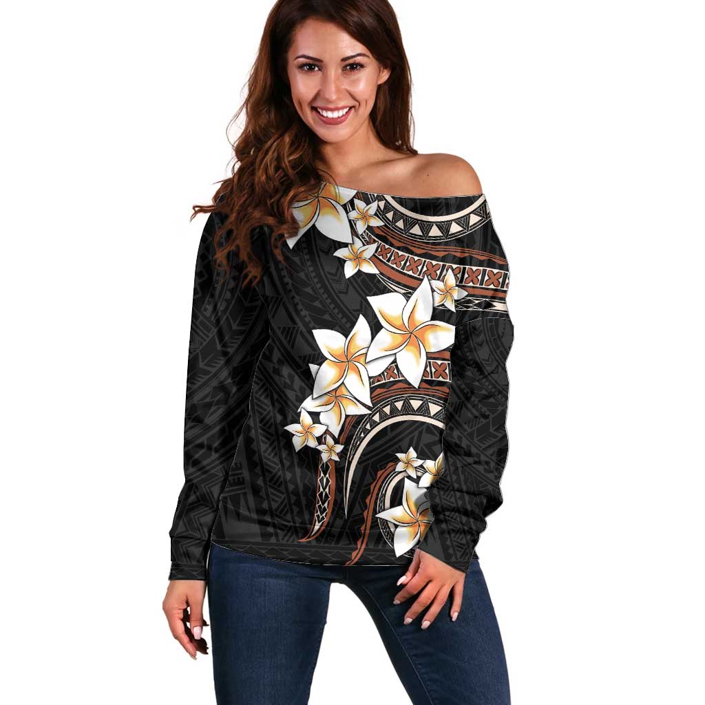 Vintage Plumeria Pacific Floral Off Shoulder Sweater LT9 Women Black - Polynesian Pride
