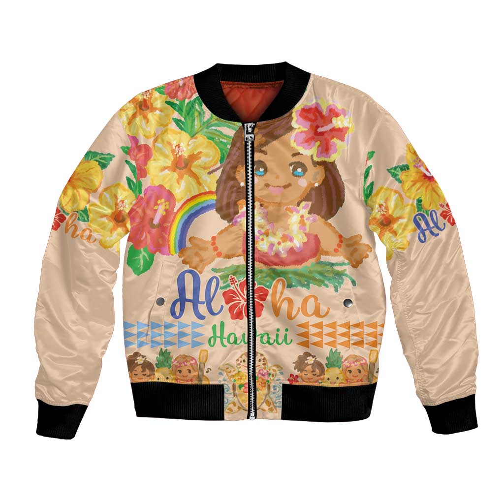 Kawaii Hula Girls Bomber Jacket Aloha Hibiscus Flowers LT9 Unisex Nude - Polynesian Pride