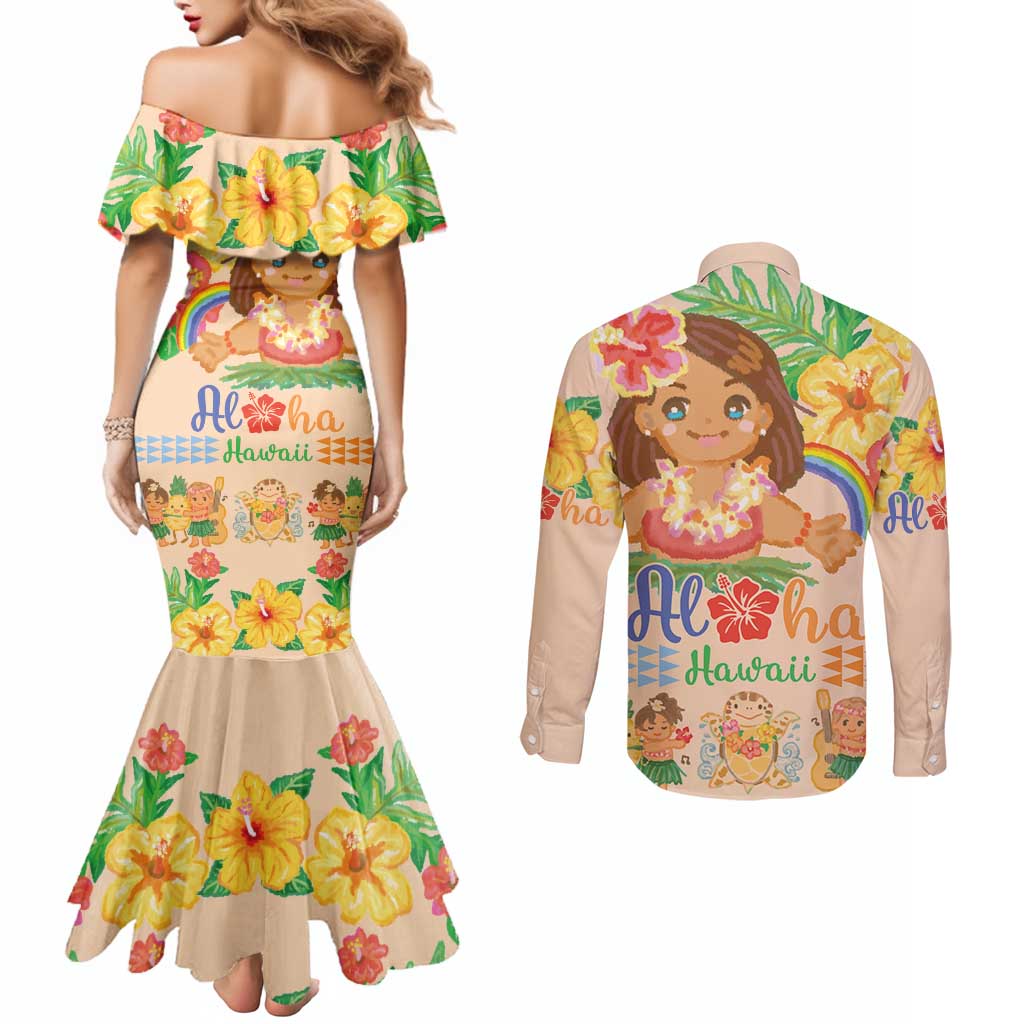 Kawaii Hula Girls Couples Matching Mermaid Dress and Long Sleeve Button Shirt Aloha Hibiscus Flowers