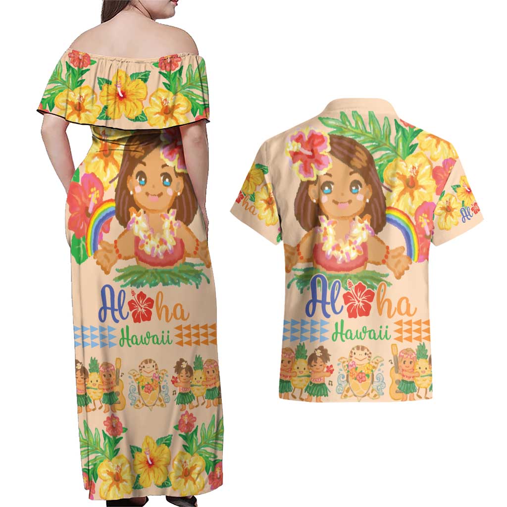 Kawaii Hula Girls Couples Matching Off Shoulder Maxi Dress and Hawaiian Shirt Aloha Hibiscus Flowers