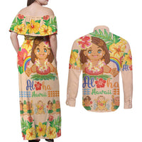 Kawaii Hula Girls Couples Matching Off Shoulder Maxi Dress and Long Sleeve Button Shirt Aloha Hibiscus Flowers