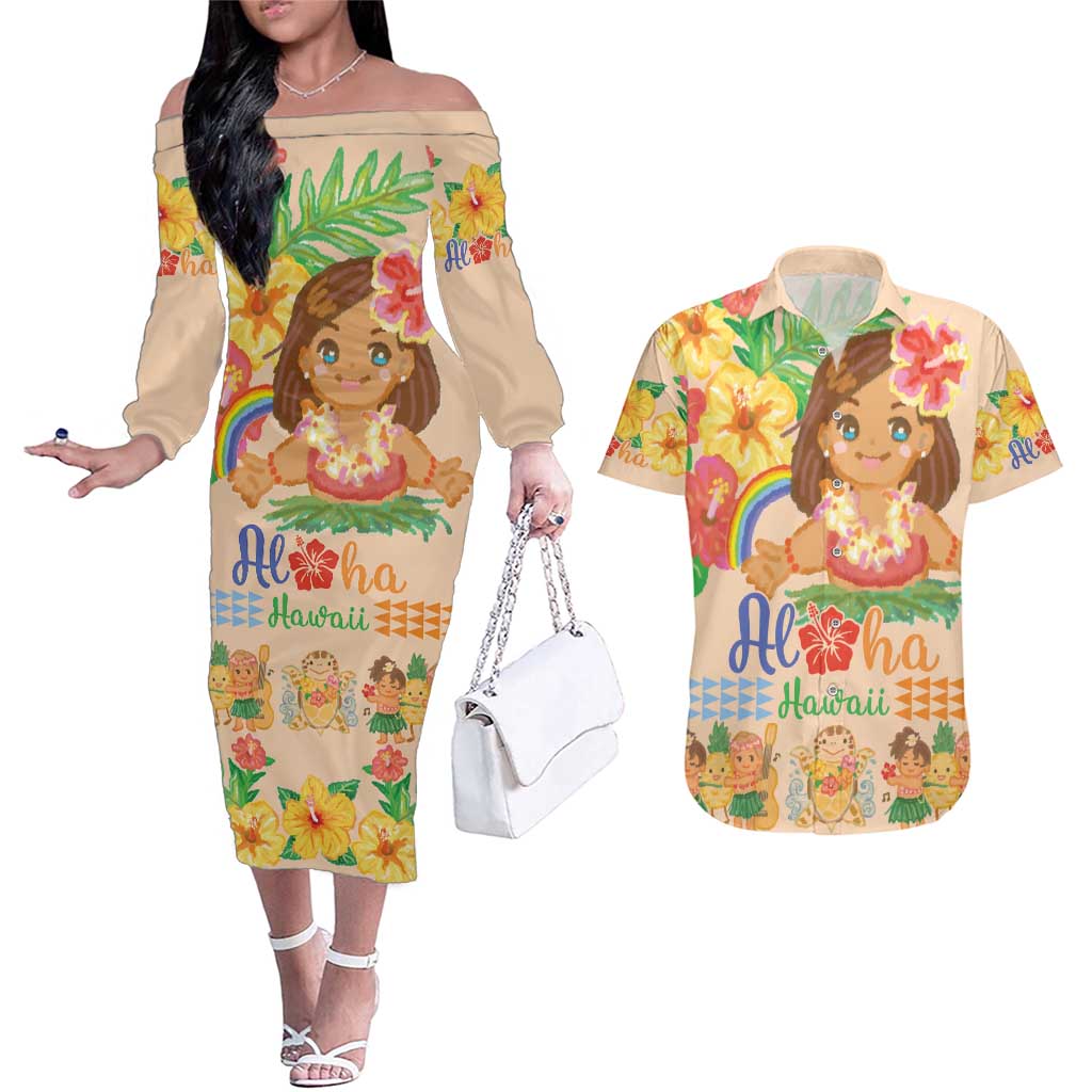 Kawaii Hula Girls Couples Matching Off The Shoulder Long Sleeve Dress and Hawaiian Shirt Aloha Hibiscus Flowers LT9 Nude - Polynesian Pride