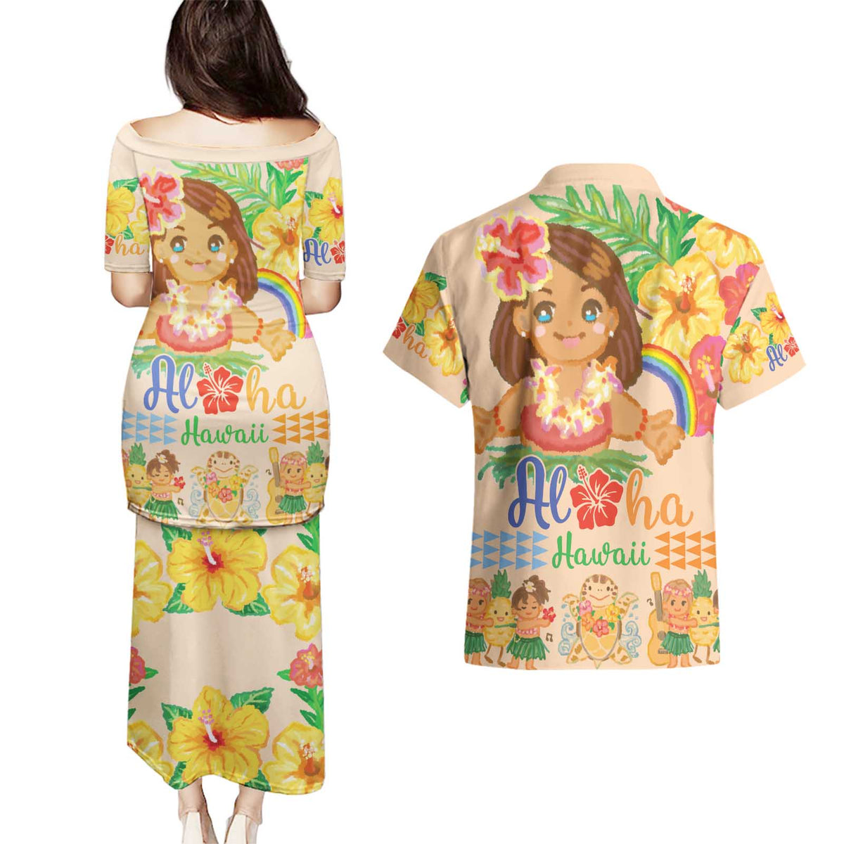 Kawaii Hula Girls Couples Matching Puletasi and Hawaiian Shirt Aloha Hibiscus Flowers