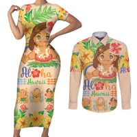 Kawaii Hula Girls Couples Matching Short Sleeve Bodycon Dress and Long Sleeve Button Shirt Aloha Hibiscus Flowers