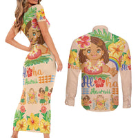 Kawaii Hula Girls Couples Matching Short Sleeve Bodycon Dress and Long Sleeve Button Shirt Aloha Hibiscus Flowers