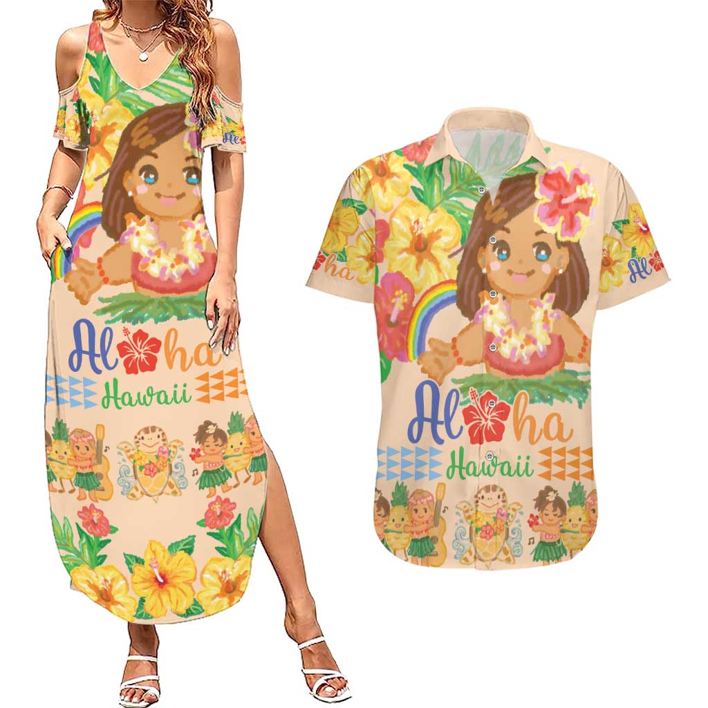 Kawaii Hula Girls Couples Matching Summer Maxi Dress and Hawaiian Shirt Aloha Hibiscus Flowers LT9 Nude - Polynesian Pride