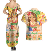 Kawaii Hula Girls Couples Matching Summer Maxi Dress and Hawaiian Shirt Aloha Hibiscus Flowers