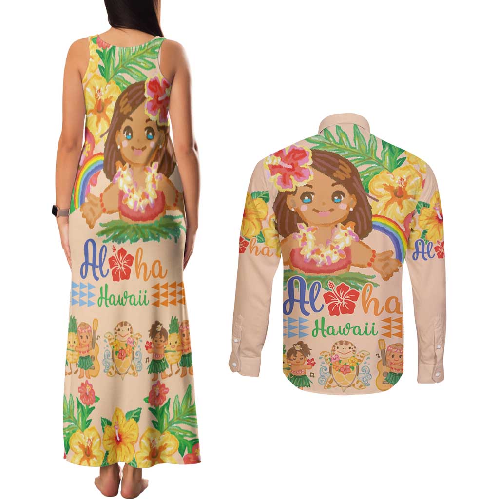 Kawaii Hula Girls Couples Matching Tank Maxi Dress and Long Sleeve Button Shirt Aloha Hibiscus Flowers