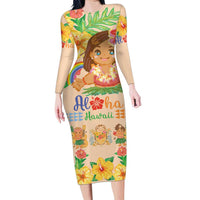 Kawaii Hula Girls Family Matching Long Sleeve Bodycon Dress and Hawaiian Shirt Aloha Hibiscus Flowers