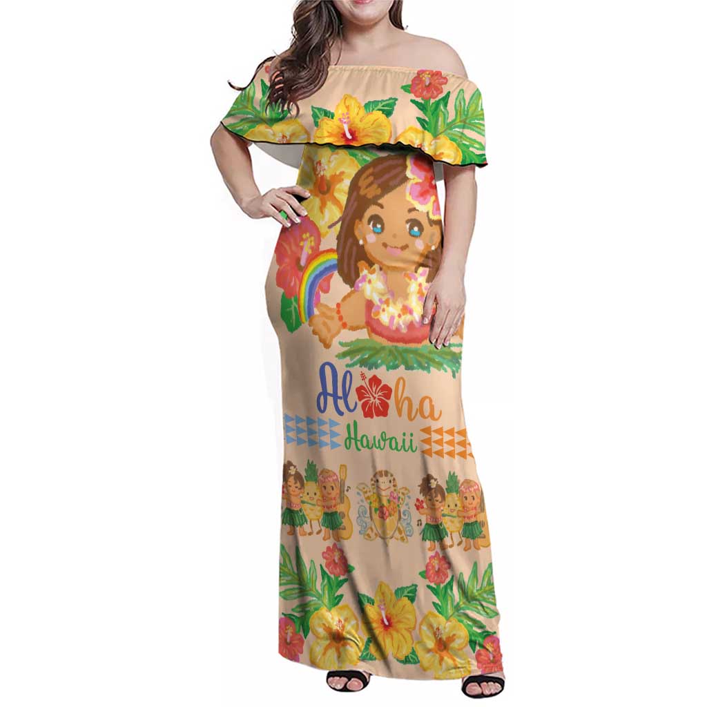 Kawaii Hula Girls Family Matching Off Shoulder Maxi Dress and Hawaiian Shirt Aloha Hibiscus Flowers