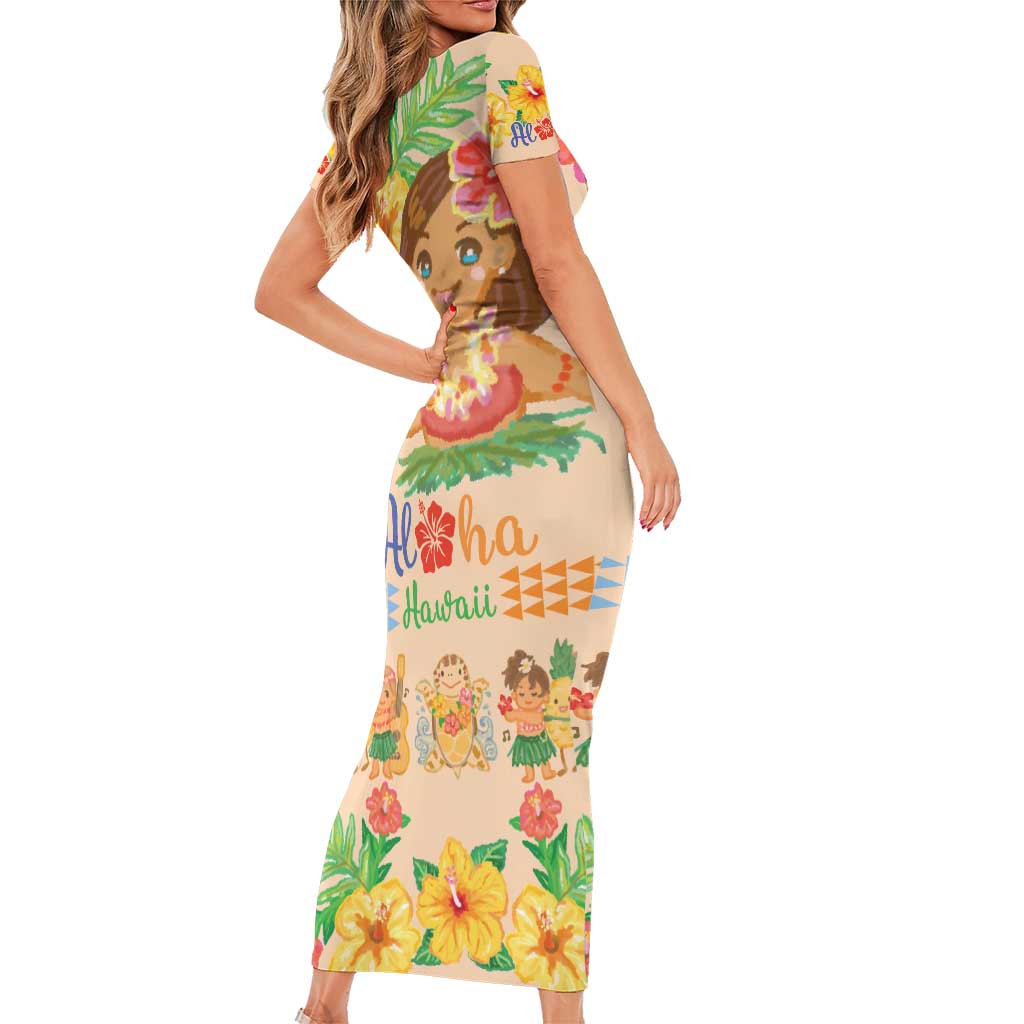 Kawaii Hula Girls Family Matching Short Sleeve Bodycon Dress and Hawaiian Shirt Aloha Hibiscus Flowers