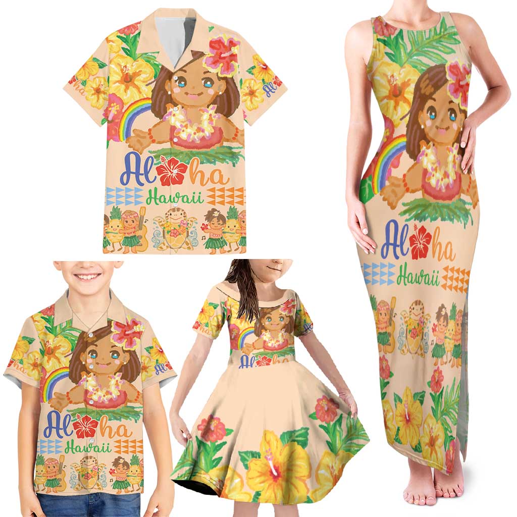 Kawaii Hula Girls Family Matching Tank Maxi Dress and Hawaiian Shirt Aloha Hibiscus Flowers LT9 - Polynesian Pride