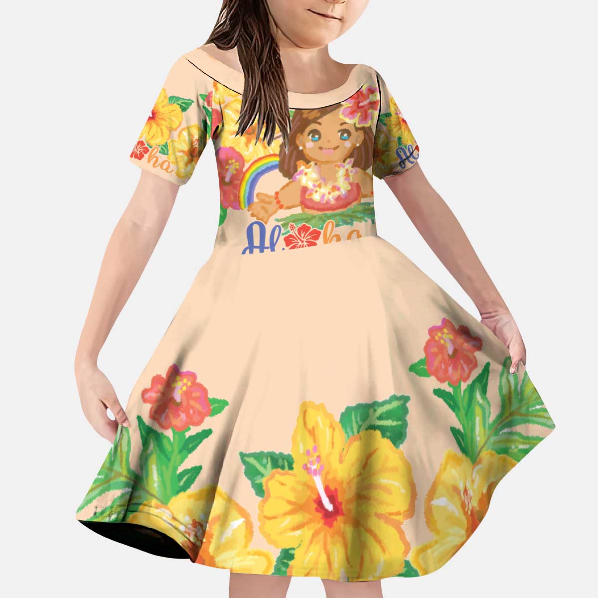 Kawaii Hula Girls Kid Short Sleeve Dress Aloha Hibiscus Flowers
