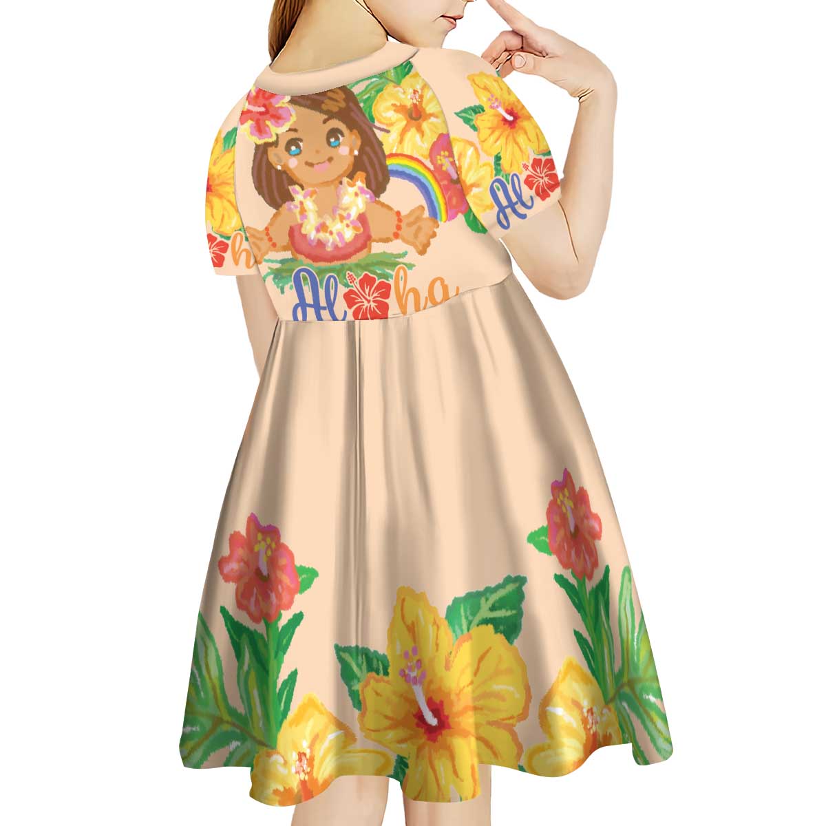 Kawaii Hula Girls Kid Short Sleeve Dress Aloha Hibiscus Flowers