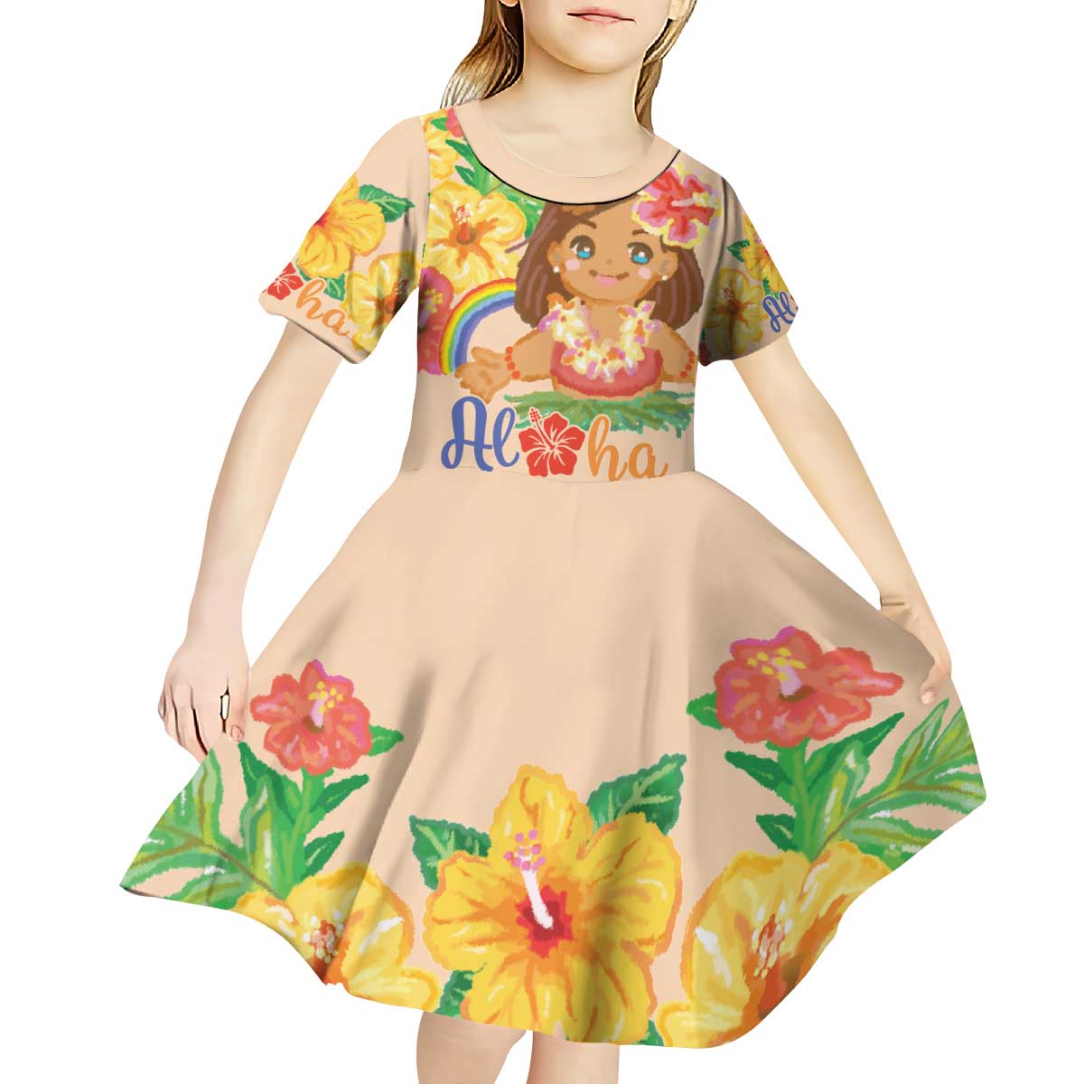 Kawaii Hula Girls Kid Short Sleeve Dress Aloha Hibiscus Flowers