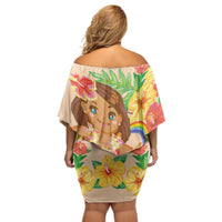 Kawaii Hula Girls Off Shoulder Short Dress Aloha Hibiscus Flowers