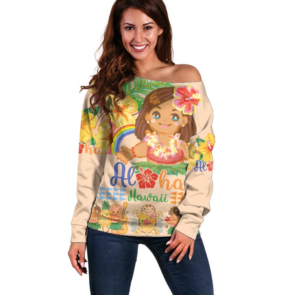 Kawaii Hula Girls Off Shoulder Sweater Aloha Hibiscus Flowers LT9 Women Nude - Polynesian Pride