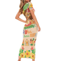 Kawaii Hula Girls Short Sleeve Bodycon Dress Aloha Hibiscus Flowers