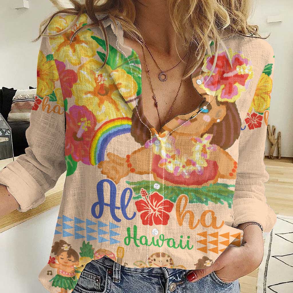 Kawaii Hula Girls Women Casual Shirt Aloha Hibiscus Flowers