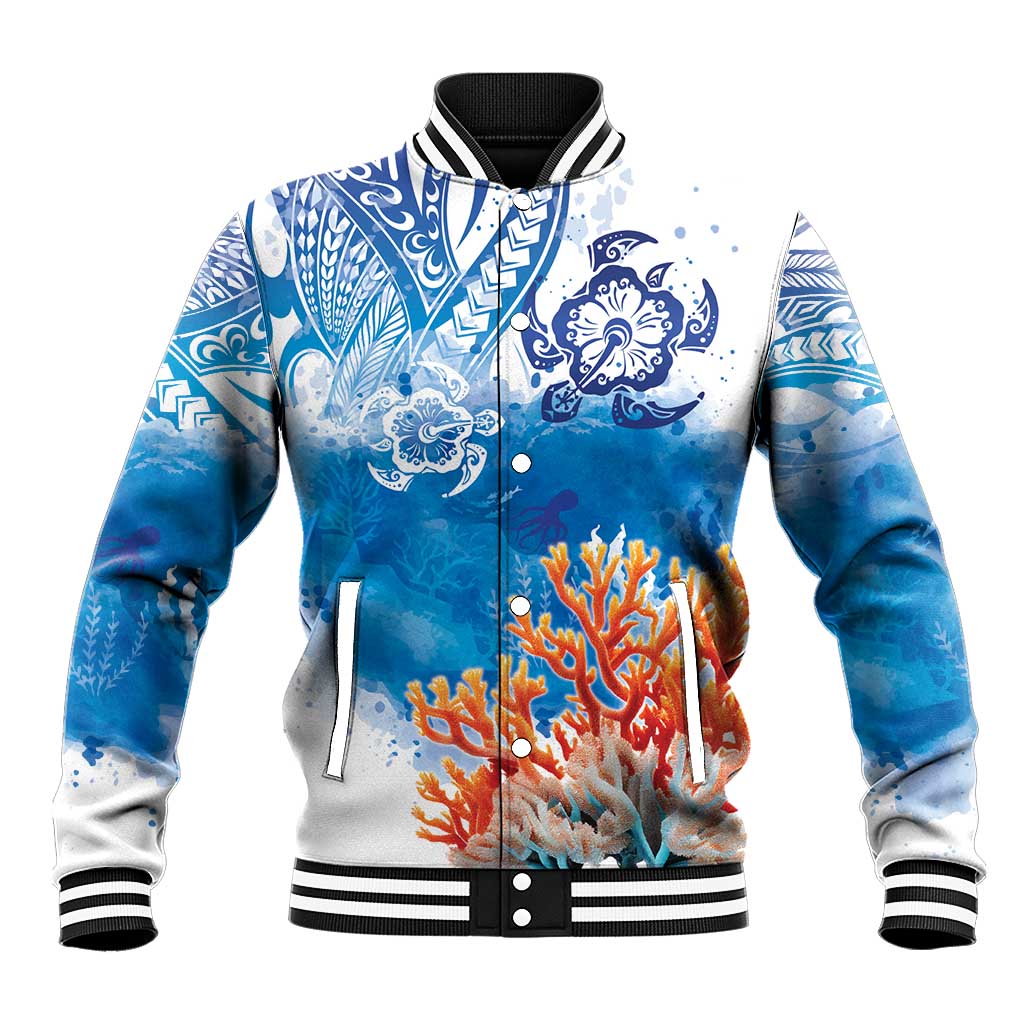 Hibiscus Turtle Tattoo Coral Reef Baseball Jacket with Polynesian Tribal