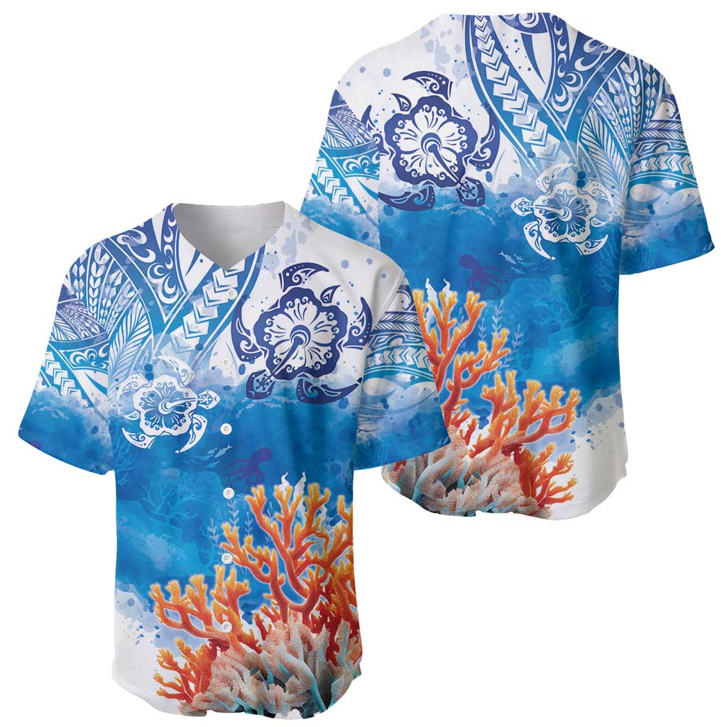 Hibiscus Turtle Tattoo Coral Reef Baseball Jersey with Polynesian Tribal LT9 - Polynesian Pride