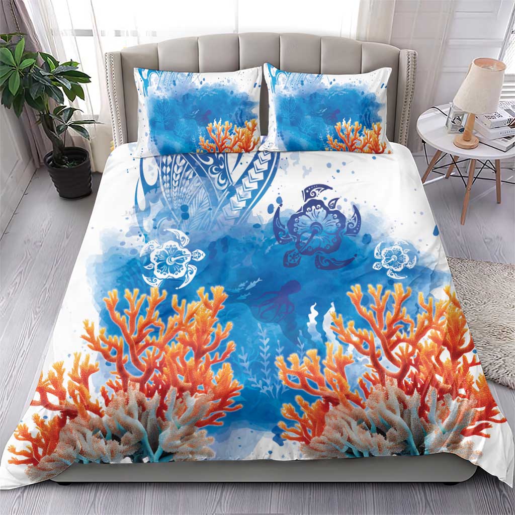 Hibiscus Turtle Tattoo Coral Reef Bedding Set with Polynesian Tribal