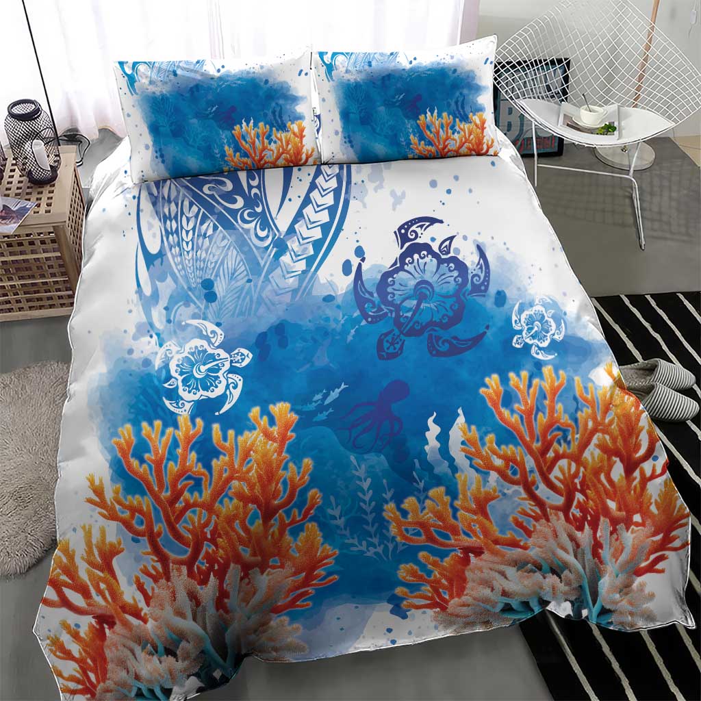 Hibiscus Turtle Tattoo Coral Reef Bedding Set with Polynesian Tribal