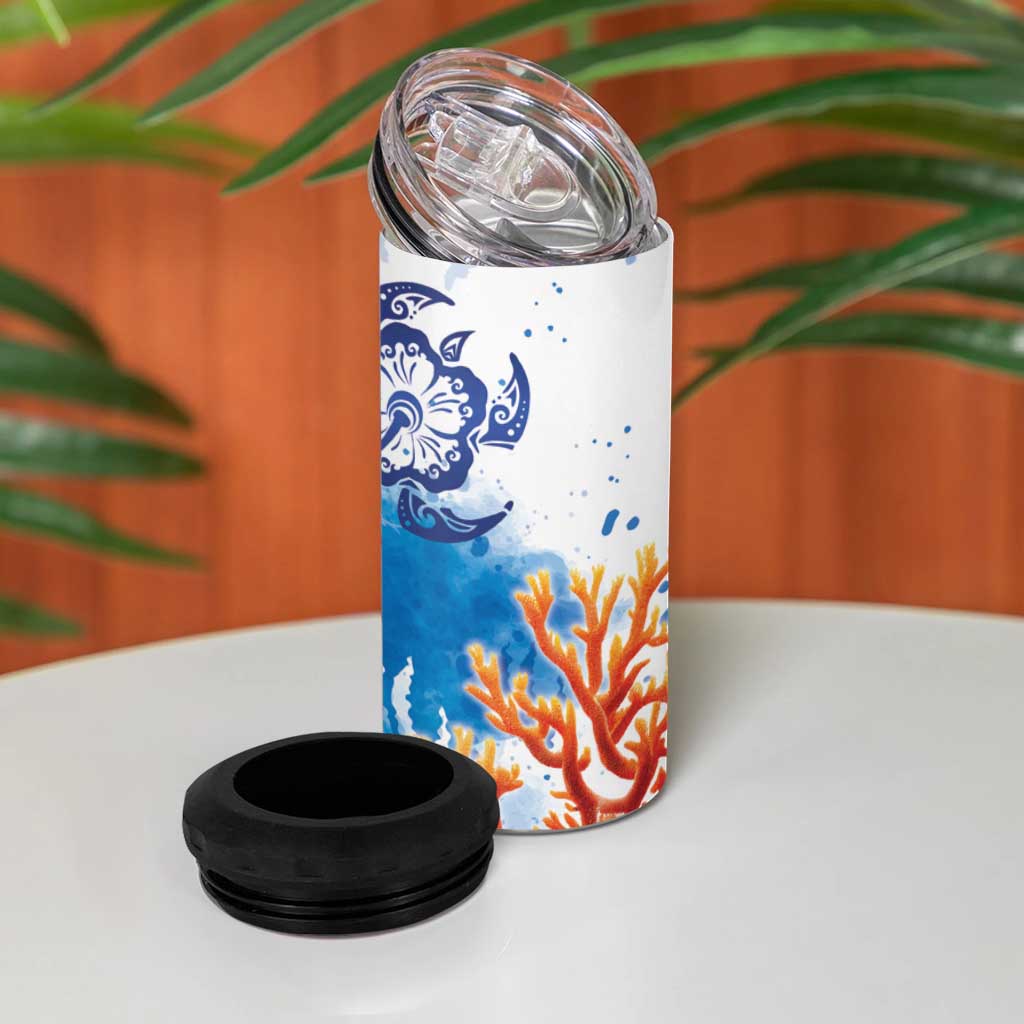 Hibiscus Turtle Tattoo Coral Reef 4 in 1 Can Cooler Tumbler with Polynesian Tribal