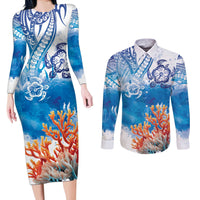 Hibiscus Turtle Tattoo Coral Reef Couples Matching Long Sleeve Bodycon Dress and Long Sleeve Button Shirt with Polynesian Tribal