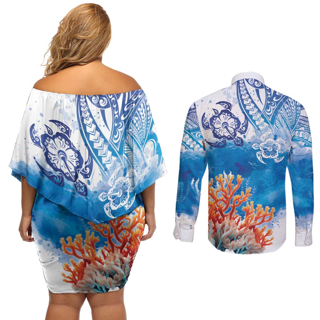 Hibiscus Turtle Tattoo Coral Reef Couples Matching Off Shoulder Short Dress and Long Sleeve Button Shirt with Polynesian Tribal