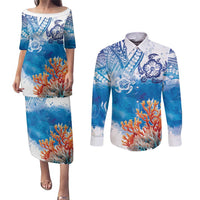 Hibiscus Turtle Tattoo Coral Reef Couples Matching Puletasi and Long Sleeve Button Shirt with Polynesian Tribal