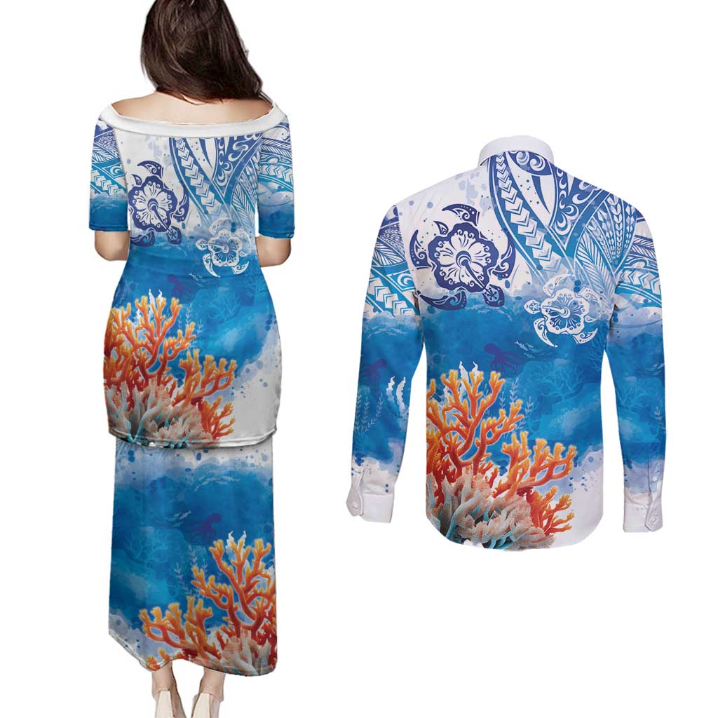 Hibiscus Turtle Tattoo Coral Reef Couples Matching Puletasi and Long Sleeve Button Shirt with Polynesian Tribal