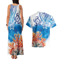 Hibiscus Turtle Tattoo Coral Reef Couples Matching Tank Maxi Dress and Hawaiian Shirt with Polynesian Tribal